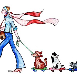 Original watercolor, Mother's Day, gift, fun subject, young woman walking her dogs. image 2