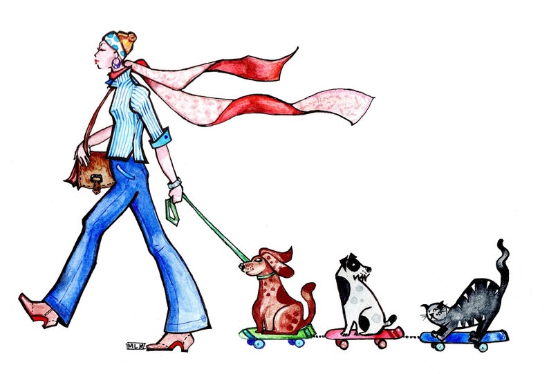 Original watercolor, Mother's Day, gift, fun subject, young woman walking her dogs. image 2