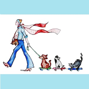 Aquarelle originale, fête des mères, cadeau, sujet amusant, jeune femme promenant ses chiens. image 1