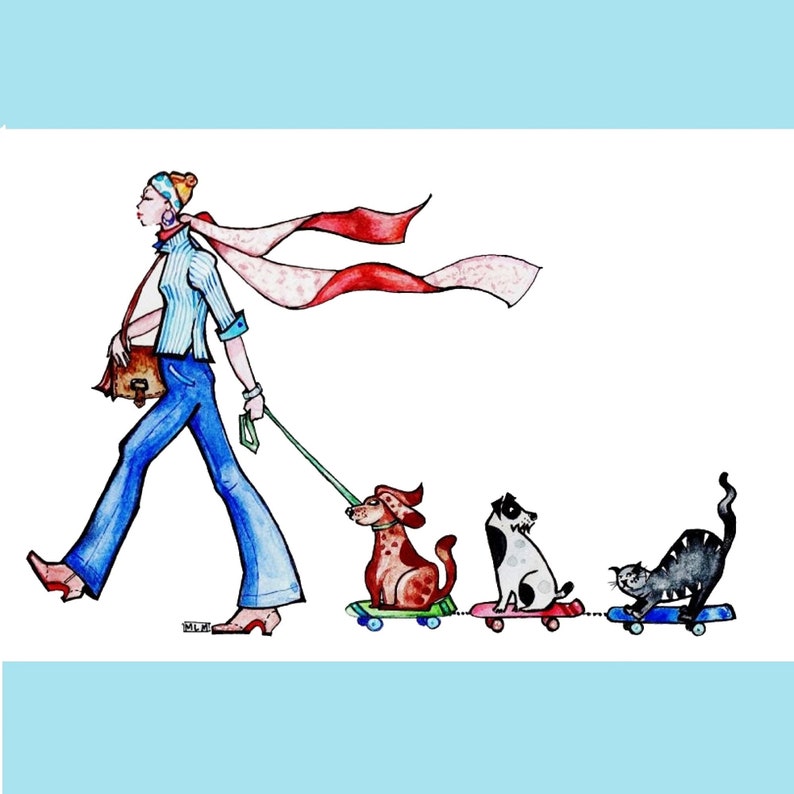 Original watercolor, Mother's Day, gift, fun subject, young woman walking her dogs. image 1
