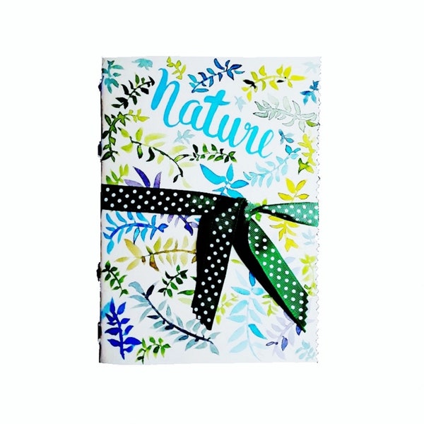 Carnet, carnet de notes, fait-main, artisanal, bleu, vert, feuillages,  journal intime, carnet de voyage, personnalisable