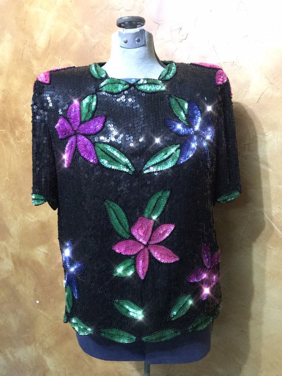 80's Stenay floral sequin top - image 5