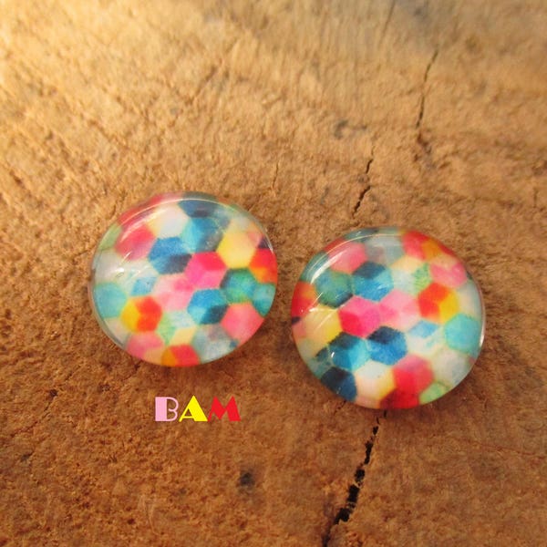 Lot de 2 cabochons verre motifs cubes 3D multicolores 12 mm