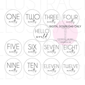 SVG-Datei 1-12 Monate Baby-Monats-Meilenstein - Hallo-Welt-Dekor, Vektor, Cricut, Silhouette-Schnitt (png, eps, dxf, jpg, jpeg, pdf-Dateien)
