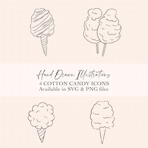 May include: Black and white hand-drawn illustrations of cotton candy icons. The image shows four different designs of cotton candy, each with a unique shape and style. The text reads "Hand Drawn Illustrations" and "4 Cotton Candy Icons Available in SVG & PNG files."