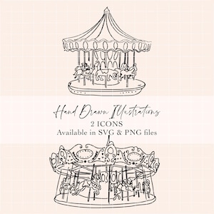 May include: Two black and white carousel illustrations. The top carousel has a peaked roof and horses. The bottom carousel has a decorative top. Text reads "Hand Drawn Illustrations, 2 Icons, Available in SVG & PNG files."