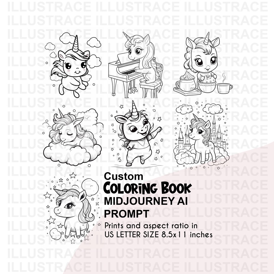 Midjourney Unicorn Coloring Book Prompt, Midjourney AI Art, Children