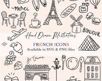 45+ Whimsical French Icon Clipart Bundle, Hand Drawn Illustrations Icons for Wedding Invitations, French Wedding Icons, French Doodle