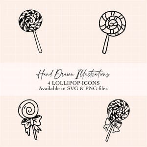 May include: Four black and white lollipop illustrations on a light pink grid background. The lollipops have different designs, some with bows. Text reads "Hand Drawn Illustrations" and "4 Lollipop Icons Available in SVG & PNG files."