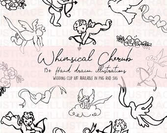 Whimsical Cherub Clipart Bundle, Hand Drawn Illustrations Icons for Wedding Invitations Menu Bridal Invites Wavy Border, Wedding Icons