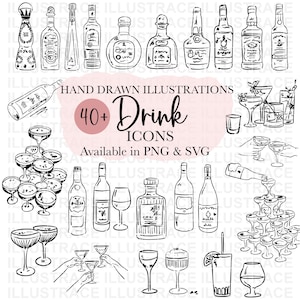 Hand Drawn Drink Icon Illustrations Liquor Bottle and Drink Clipart Bundle Hand Drawn Drink Icons Wedding Invitations Menu Bridal Invites