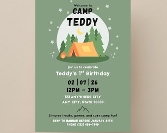 Inbjudan till campingfödelsedag, lägerfödelsedagsinbjudan, lägertema-födelsedag, redigerbar lägerfödelsedagsmall, mall för en glad campare