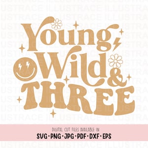 Young Wild and Three svg 3e verjaardag svg Young Wild and Three shirt retro groovy 3e verjaardag retro shirt sublimatie emoji smiley