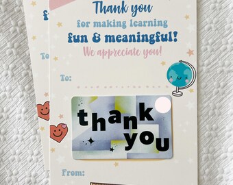 May include: A thank you card with a blue and green globe illustration and a gift card that says "thank you" in black text on a blue and green background.