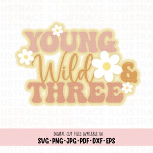 Young Wild and Three voor 3e verjaardag, Young Wild en Three Party taarttopper, 3e verjaardagsshirt, retro groovy shirt