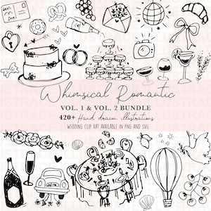 420+ Whimsical Wedding Clipart Bundle, Hand Drawn Illustrations Icons for Wedding Invitations Menu Bridal Invites Wavy Border, Wedding Icons