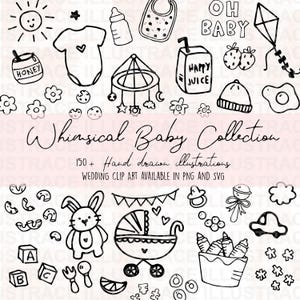 150+ grillige baby clipartbundel, handgetekende illustraties iconen voor babyshower uitnodigingen menu baby nodigt golvende rand, baby iconen