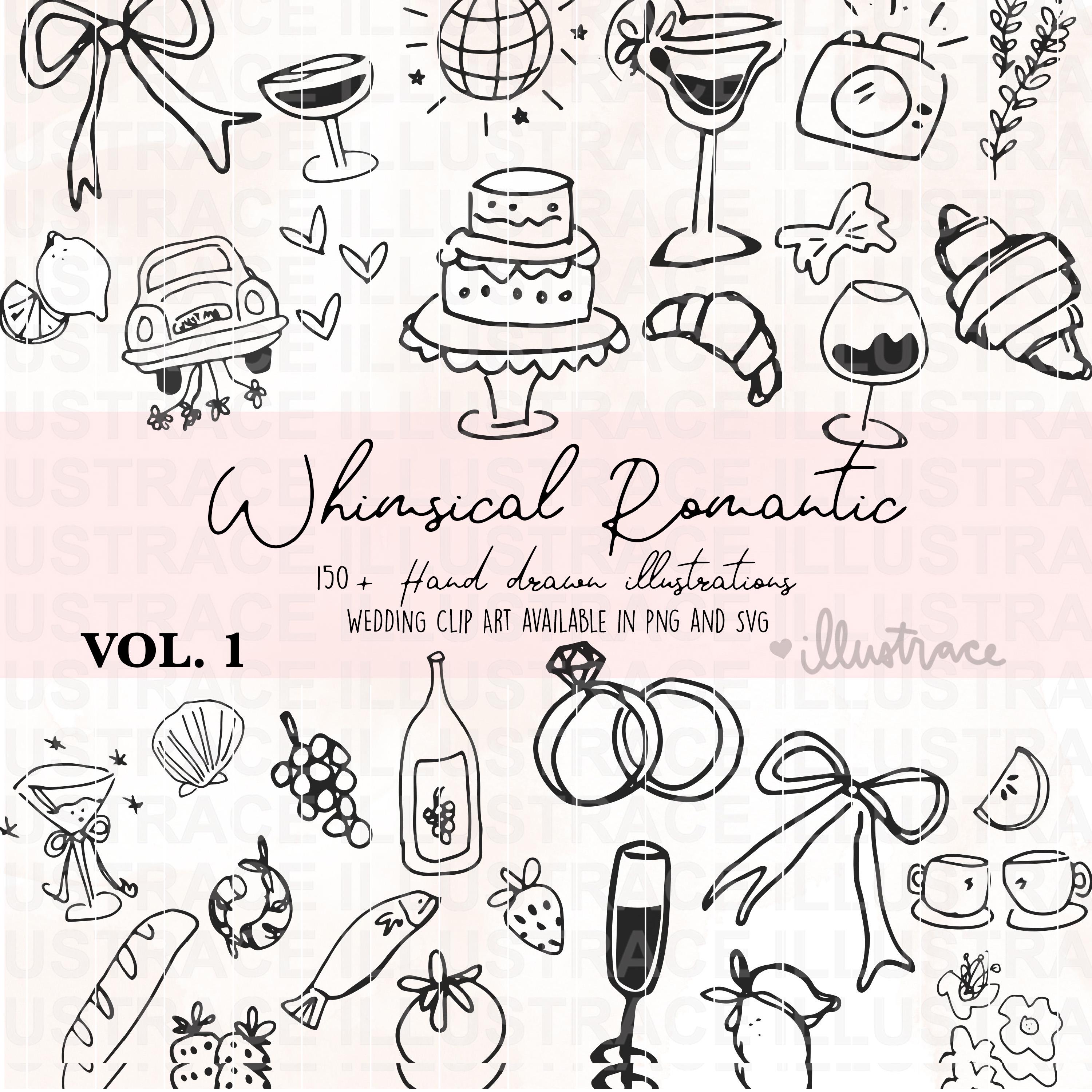 150+ Whimsical Wedding Clipart Bundle, Hand Drawn Illustrations Icons for Wedding Invitations Menu Bridal Invites Wavy Border, Wedding Icons