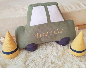 Cuscino per auto personalizzato: decorazione per la cameretta dei bambini in mussola di cotone biologico fatta a mano