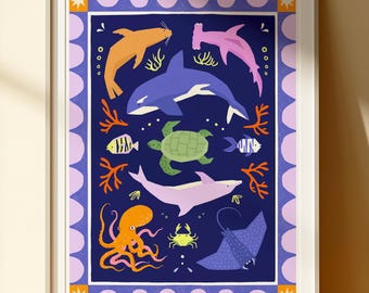 Sea Life Nursery Print – Under the Sea Wall Art – Ocean Animals Kids Room Decor – Whale Turtle & Shark Poster – Baby Nursery Gift