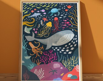 Ocean Animals Art Print – Colourful Sea Life Illustration, Nursery Decor