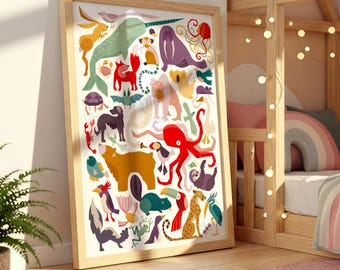 Whimsical Animal Art Print – Colourful Kids Nursery Decor