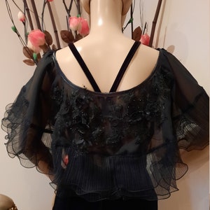 Gorgeous Black Chiffon Ruffle Capelet with 3D flower appliques and  beads, Bolero, Shawl, Shoulder Shrug, Scarves, Capes, Bridal Coverup