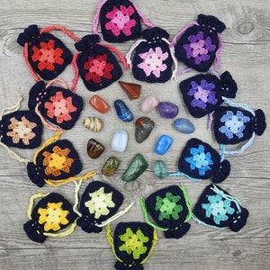Gemstone Drawstring Pouch, Granny Square Crochet Pattern, Gemstone Gift Bag, Diy Crochet Crystal Pouch Photo Tutorial