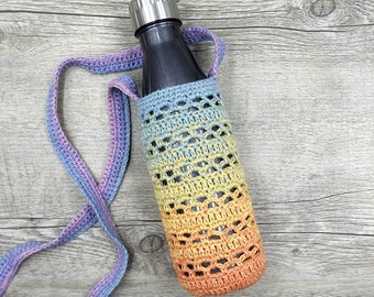 Crochet Water Bottle Holder, Long Strap Cute Colourful Handmade Bottle Carrier, Summer Rainbow Crossbody Sport Bottle Cozy
