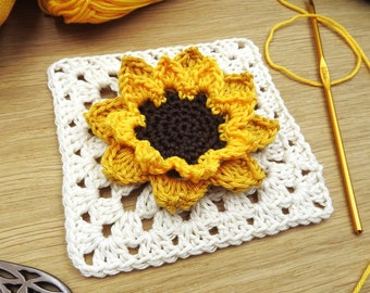 Boho Sunflower Granny Square Crochet Pattern, NO-SEW Double-Layered Flower Afghan Square, Scheepjes Catona Photo Tutorial