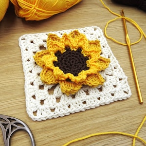 Boho Sunflower Granny Square Crochet Pattern, NO-SEW Double-Layered Flower Afghan Square, Scheepjes Catona Photo Tutorial