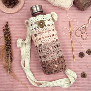 Boho Lacy Bottle Holder Crochet Pattern, Crossbody Blush Water Bottle Bag, Scheepjes Catona Photo Tutorial