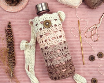 Boho Lacy Bottle Holder Crochet Pattern, Crossbody Blush Water Bottle Bag, Scheepjes Catona Photo Tutorial