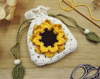 Boho Sunflower Drawstring Pouch, Double-Layered Flower Granny Square Crochet Pattern, Afghan Square Bag, Diy Crochet Purse Photo Tutorial