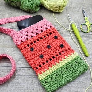 Watermelon Phone Bag Crochet Pattern, Shoulder Crossbody Phone Bag, Girls Accessories Summer Purse, Scheepjes Catona Photo Tutorial