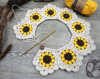 Boho Sunflower Collar Crochet Pattern, Pentagon Peter Pan Collar, Modern Lace Summer Dress Collar Photo Tutorial, PDF Instant Download
