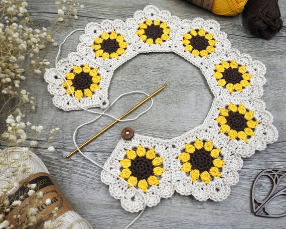 Boho Sunflower Collar Crochet Pattern, Pentagon Peter Pan