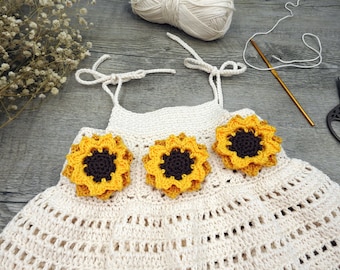 Sunflower Baby Dress Crochet Pattern, Summer Granny Square Newborn Dress, Tie Strap Girls Dress, Scheepjes Catona PDF Pattern