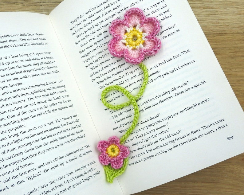 Flower Crochet Bookmark Pattern, Pretty Little Flower Scheepjes Stone Washed Beginner Friendly PDF Pattern, Stem and Leaf Floral Bookmark image 3