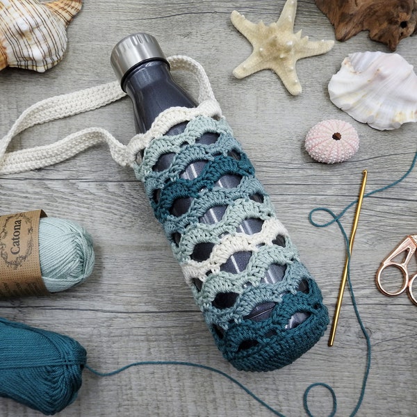 Crochet Bottle Holder Pattern, Salty Sea Waves Crochet Crossbody Water Bottle Bag, Beginner Scheepjes Catona PDF Photo Tutorial