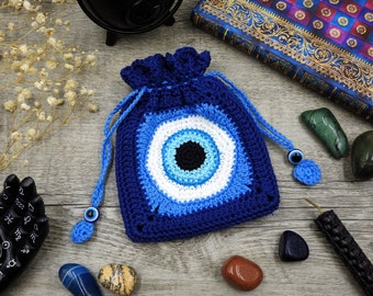 Evil Eye Drawstring Pouch, Eye of Protection Granny Square Crochet Pattern, Gemstone Bag, Diy Crochet Purse Photo Tutorial