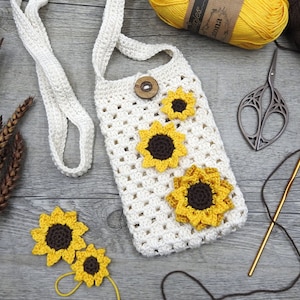 Sunflower Phone Bag Crochet Pattern, Shoulder Crossbody Phone Bag, Girls Accessories Summer Purse, Scheepjes Catona PDF Photo Tutorial