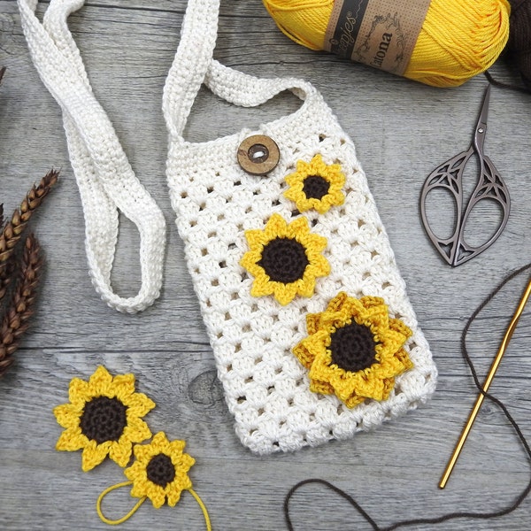 Sunflower Phone Bag Crochet Pattern, Shoulder Crossbody Phone Bag, Girls Accessories Summer Purse, Scheepjes Catona PDF Photo Tutorial