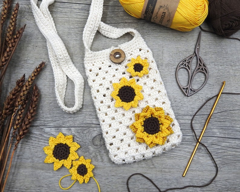 Three Sunflowers Phone Bag crochet pattern listing photo by FluffyWoollyMammoth