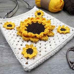 Sunflower Bag Crochet Pattern, Granny Square Shoulder Crossbody Bag, Girls Accessories Summer Purse, Scheepjes Catona PDF Photo Tutorial