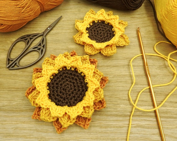 2 IN 1 Sunflower Crochet Patterns, Crochet Golden Sunflower Applique Flower Embelishment Pattern, Sunflower Scheepjes Catona Photo Tutorial
