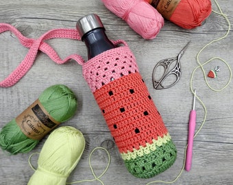 Watermelon Crochet Bottle Holder Pattern, Sweet Watermelon Crochet Crossbody Water Bottle Bag, Beginner Scheepjes Catona PDF Photo Tutorial