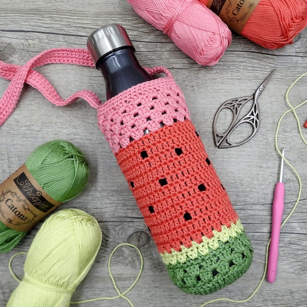 Watermelon Crochet Bottle Holder Pattern, Sweet Watermelon Crochet Crossbody Water Bottle Bag, Beginner Scheepjes Catona PDF Photo Tutorial