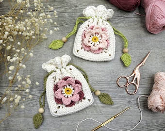 Boho Flower Drawstring Pouch, Double-Layered Flower Granny Square Crochet Pattern, Afghan Square Bag, Diy Crochet Purse Photo Tutorial