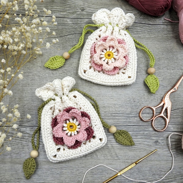 Boho Flower Drawstring Pouch, Double-Layered Flower Granny Square Crochet Pattern, Afghan Square Bag, Diy Crochet Purse Photo Tutorial